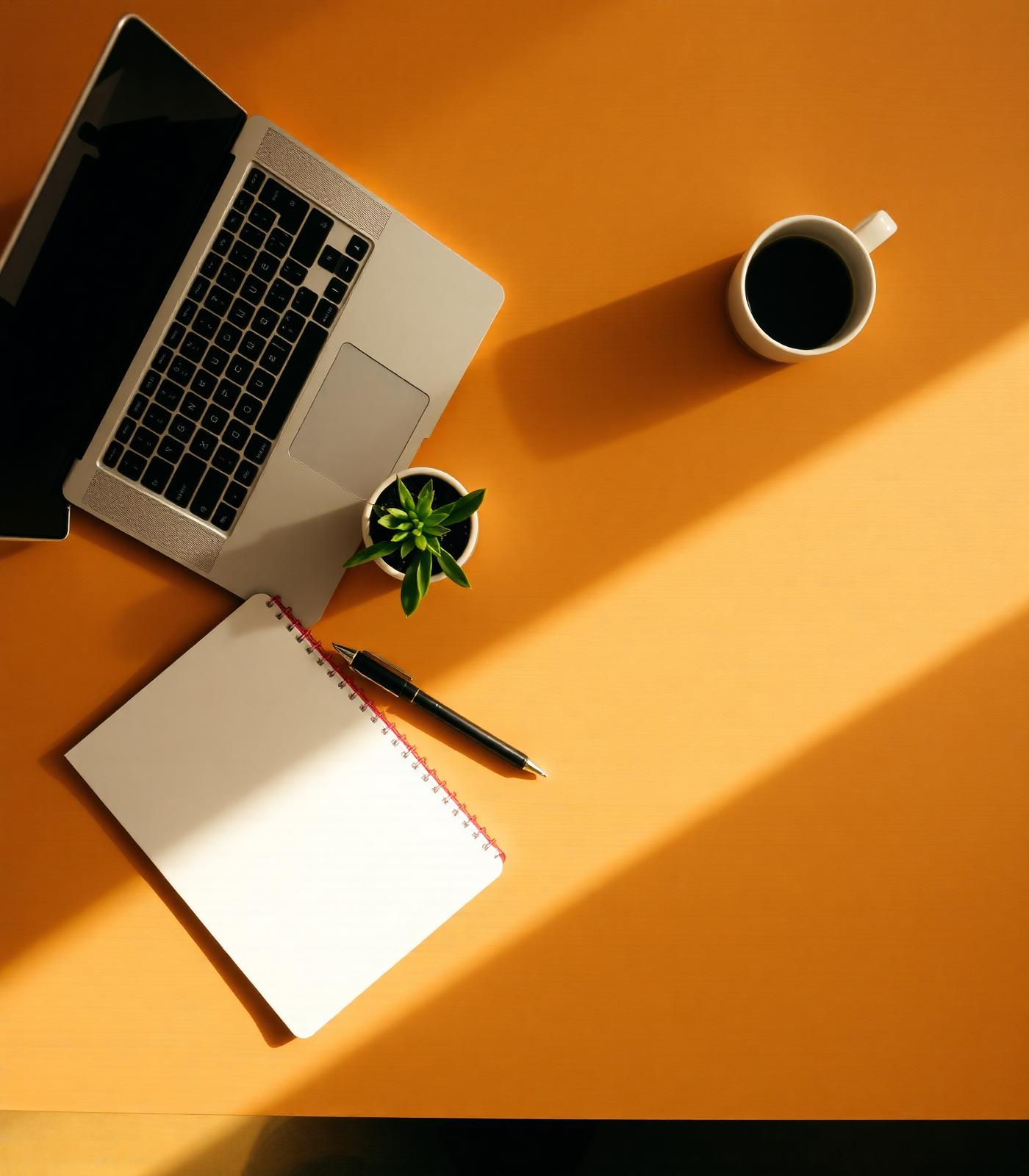 Calm workspace with laptop, notebook and coffee, Stratos Group's approach to focused remote operations