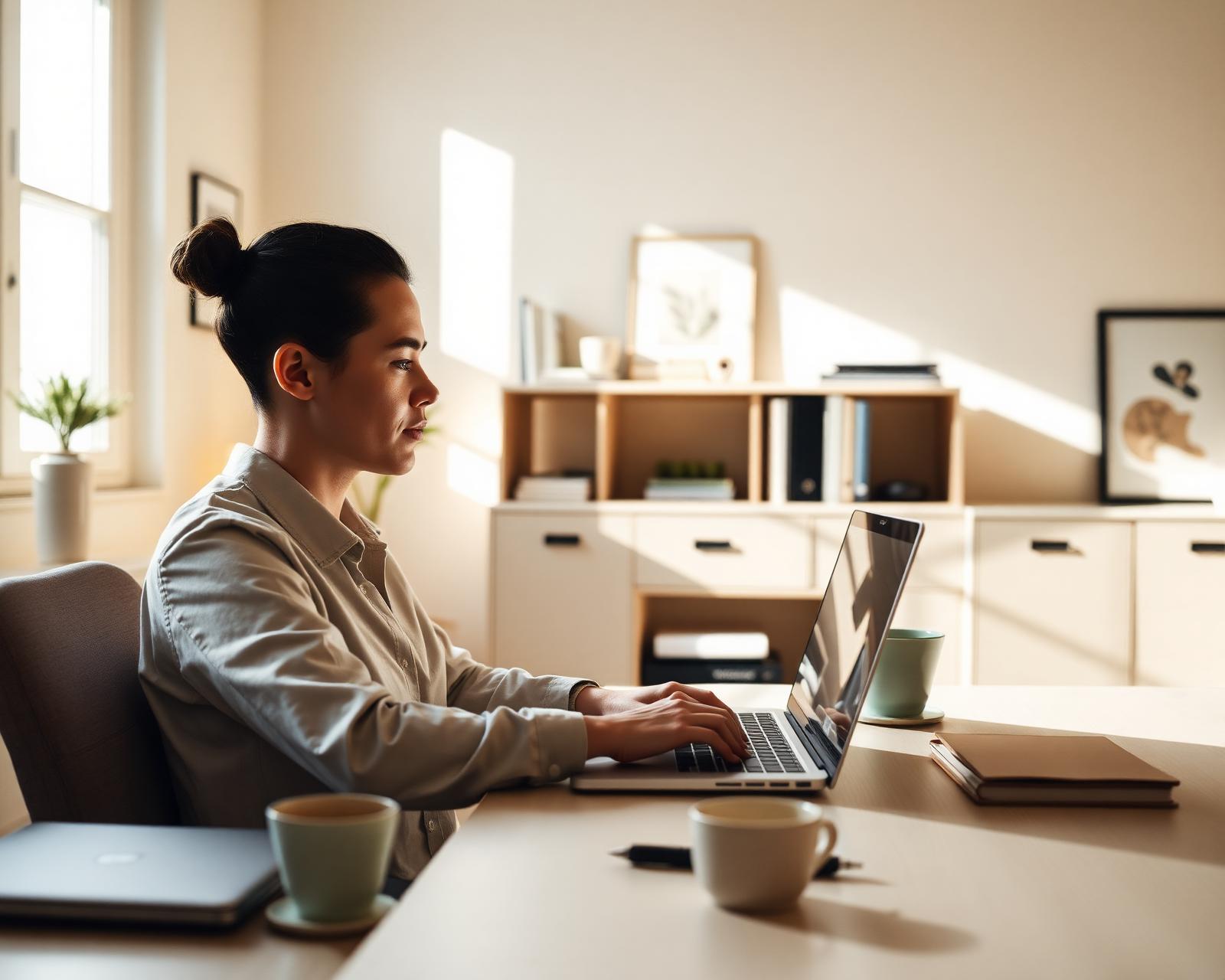 Stratos Group team member working from a calm, sunlit remote workspace